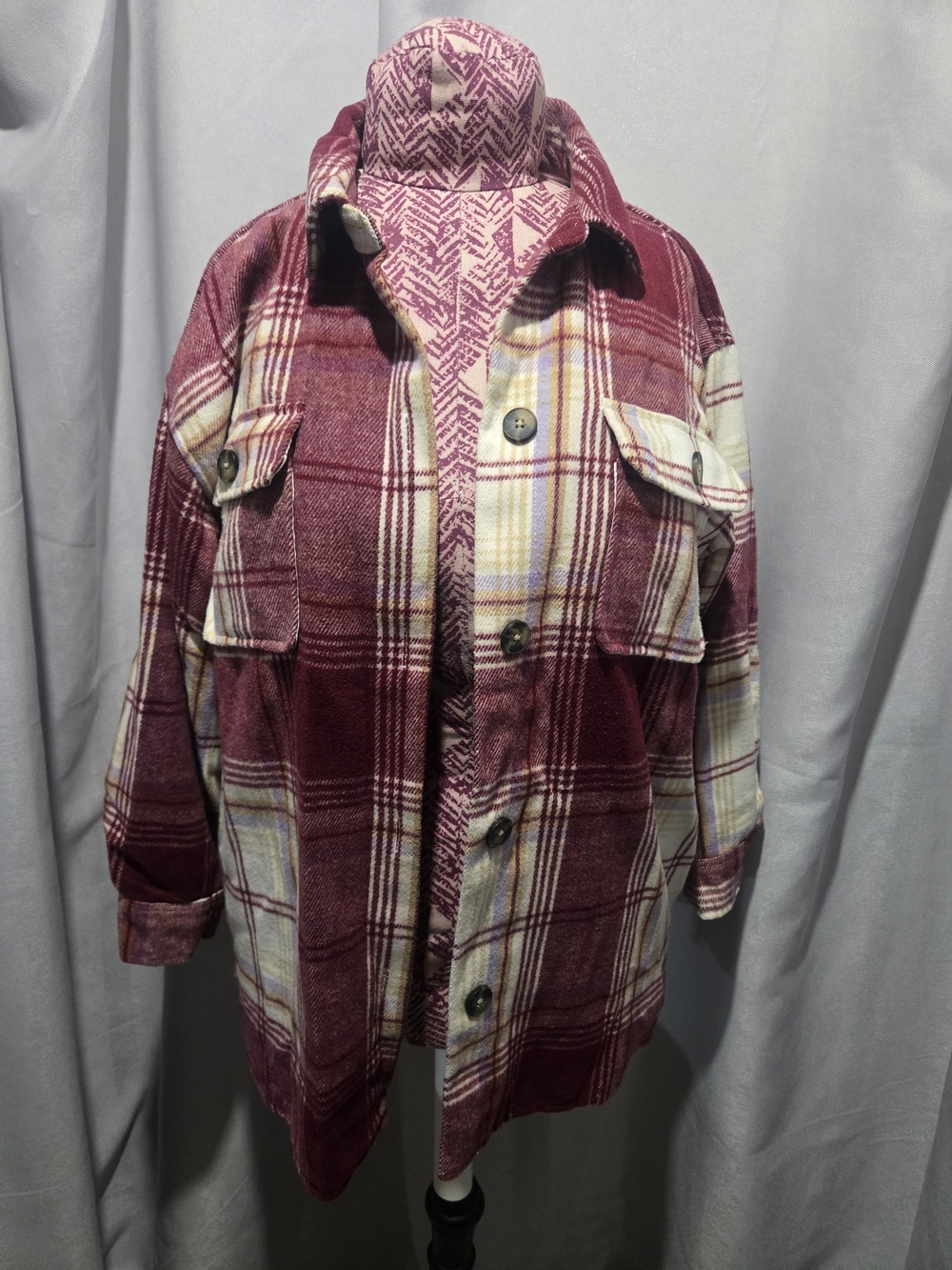 Forever 21 Burgundy and Cream Plaid Teddy Jacket